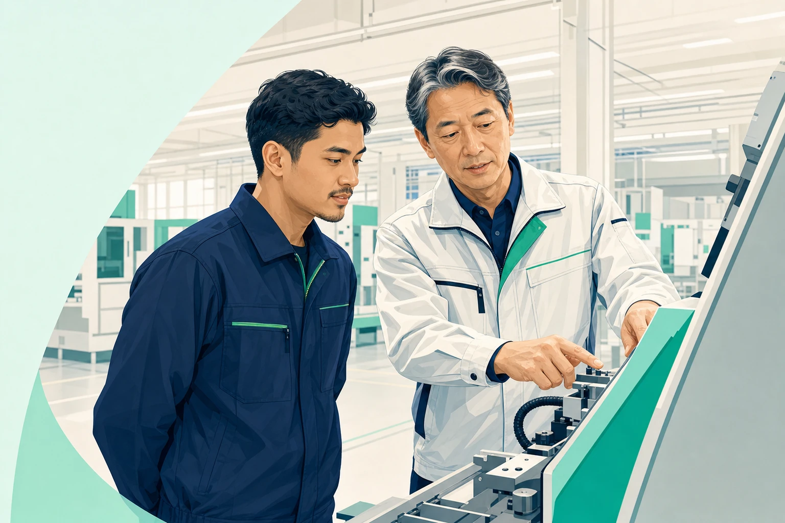 製造現場で機械を操作するネパール人作業者と、隣で手順を教える日本人の先輩社員