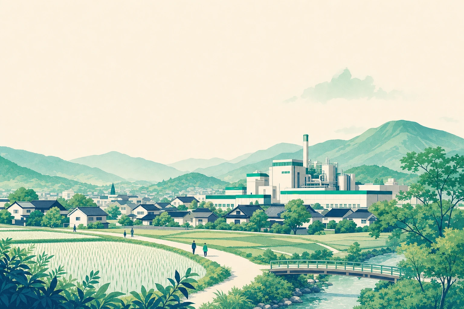 地方の小さな町に工場と住宅が並ぶ穏やかな風景。働く人の姿は小さく描かれている