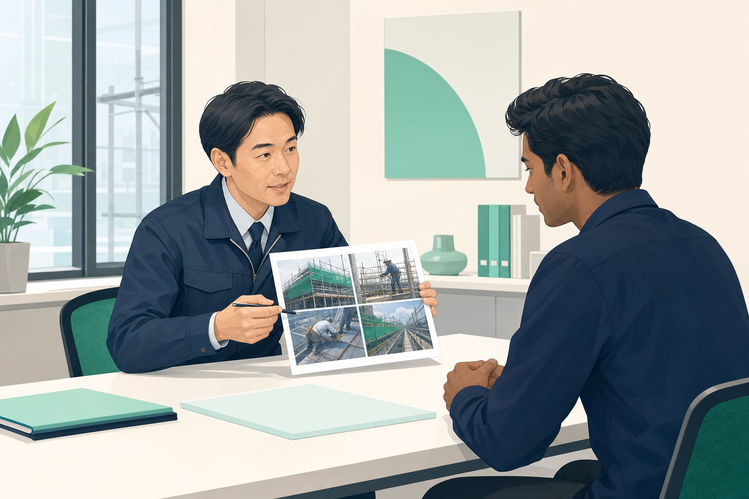 現場事務所で作業内容を写真で説明する採用担当と応募者