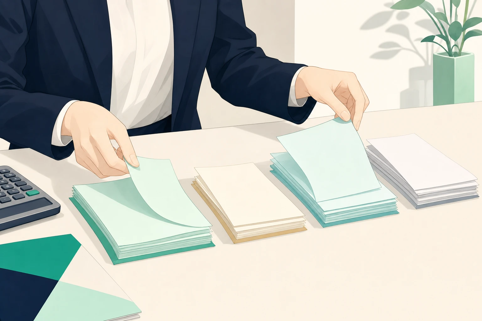 経理担当者が電卓と資料を前に費目を層ごとに仕分けしている手元