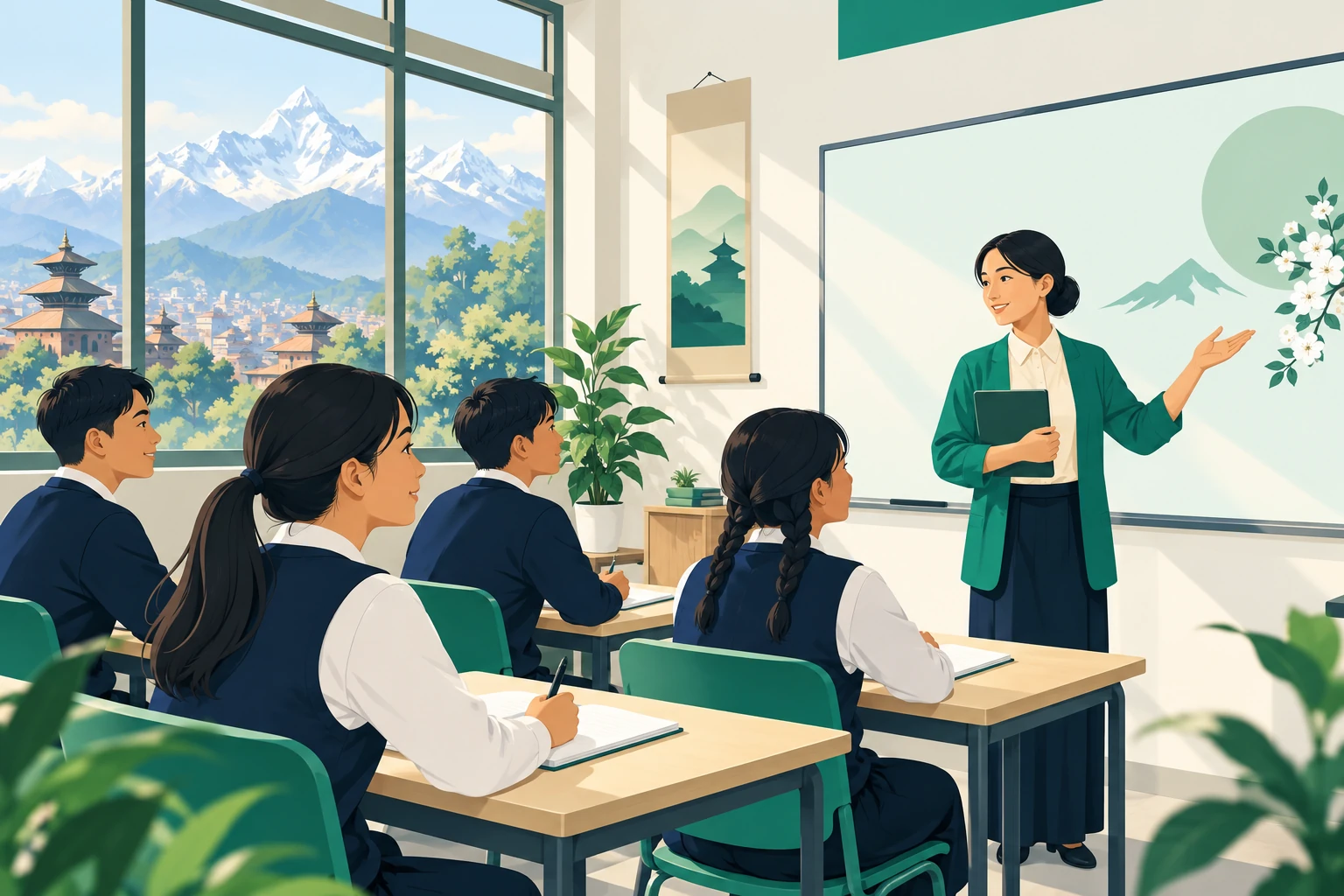 ネパール現地の日本語学校の教室で学ぶ候補者たち