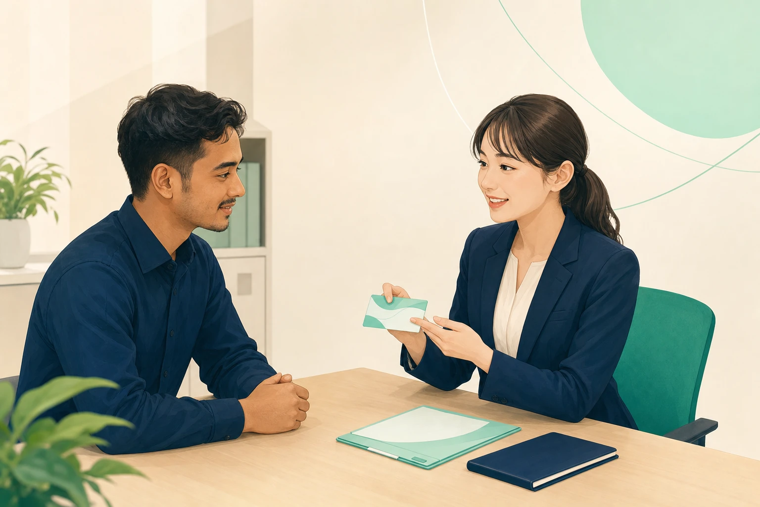入社手続きで健康保険証について説明を受けるネパール人材と、書類を開いて説明する日本人の総務担当者