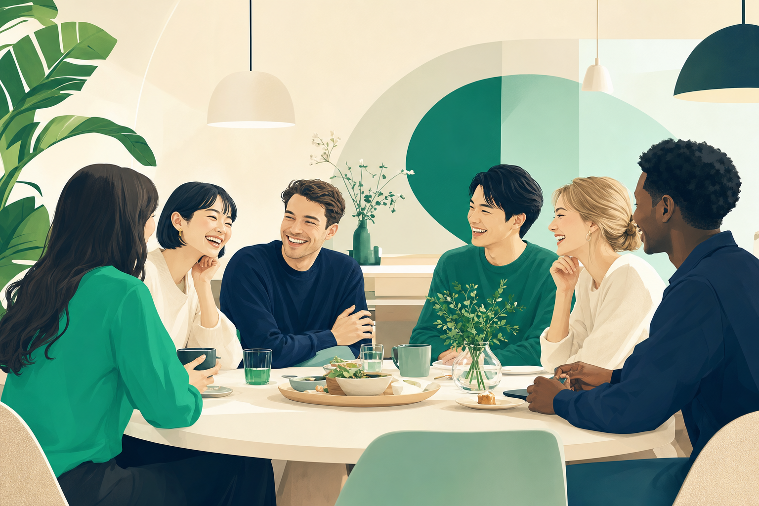 カフェで日本人と外国人が輪になって談笑している月1回の交流会の情景