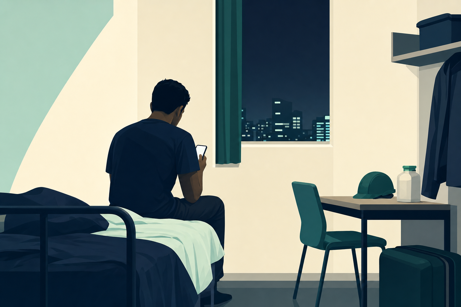 寮の部屋で一人スマートフォンを見る外国人労働者の後ろ姿。職場と寮を往復するだけの生活で進む孤立の情景