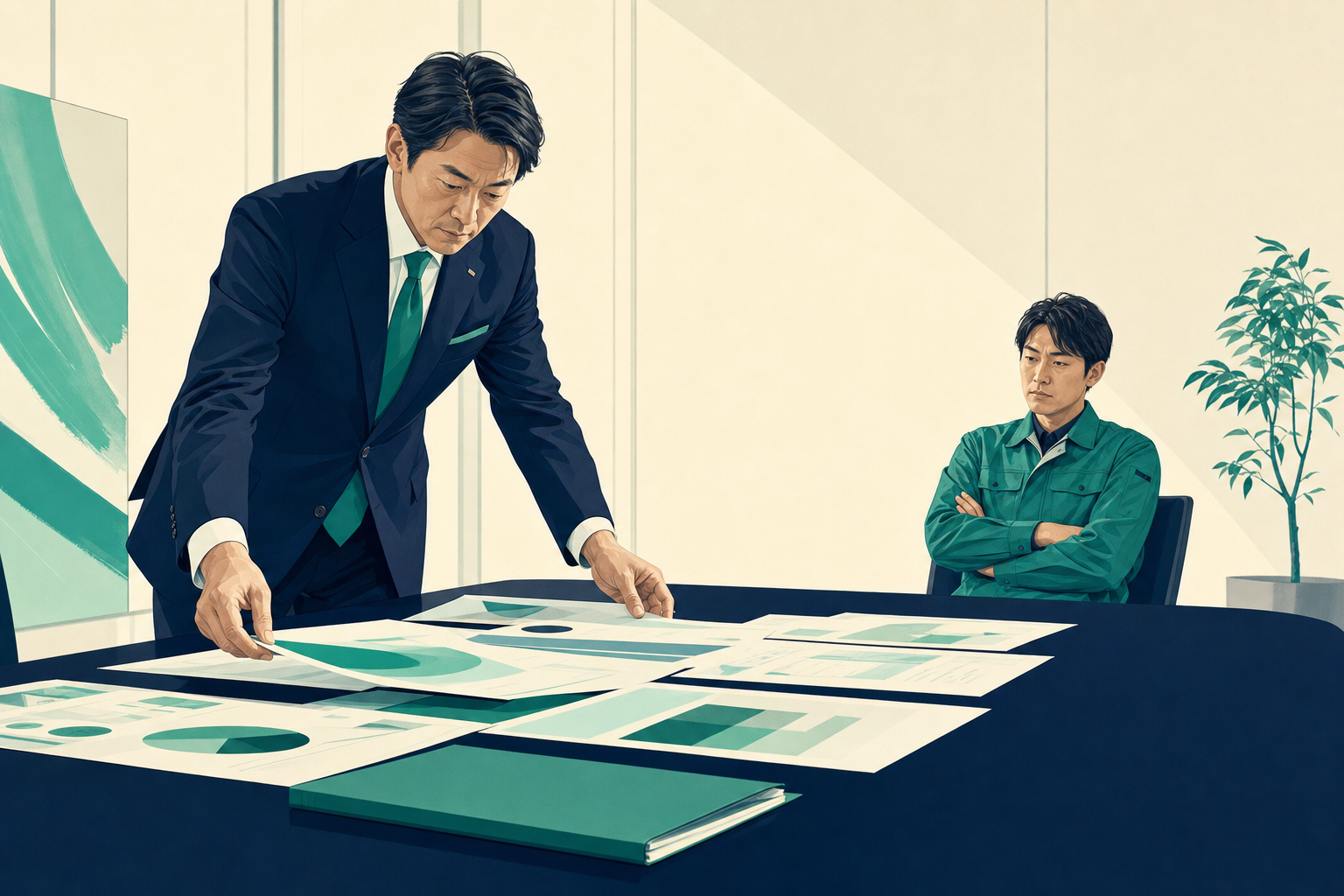 会議室で資料を広げる日本人の社長と、距離を置いて腕を組む日本人の現場責任者。外国人受け入れをめぐる社内の温度差