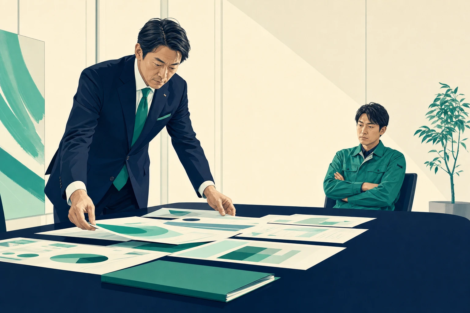 会議室で資料を広げる日本人の社長と、距離を置いて腕を組む日本人の現場責任者。外国人受け入れをめぐる社内の温度差