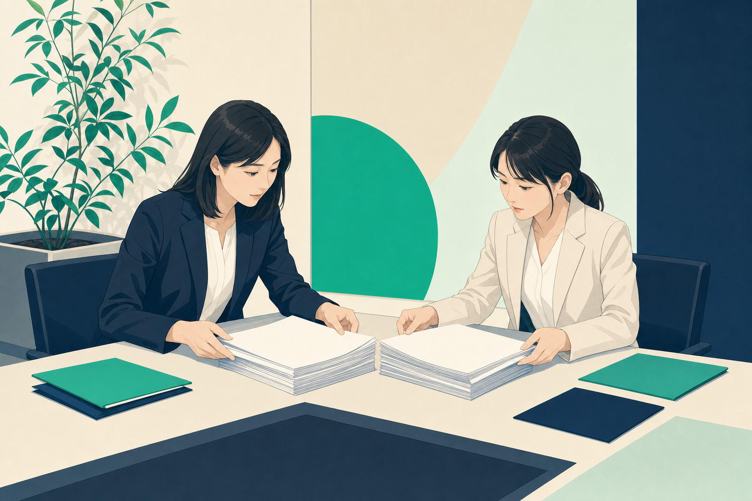 日本企業の会議室で、2つの資料束を机に広げて比較検討する人事担当2名