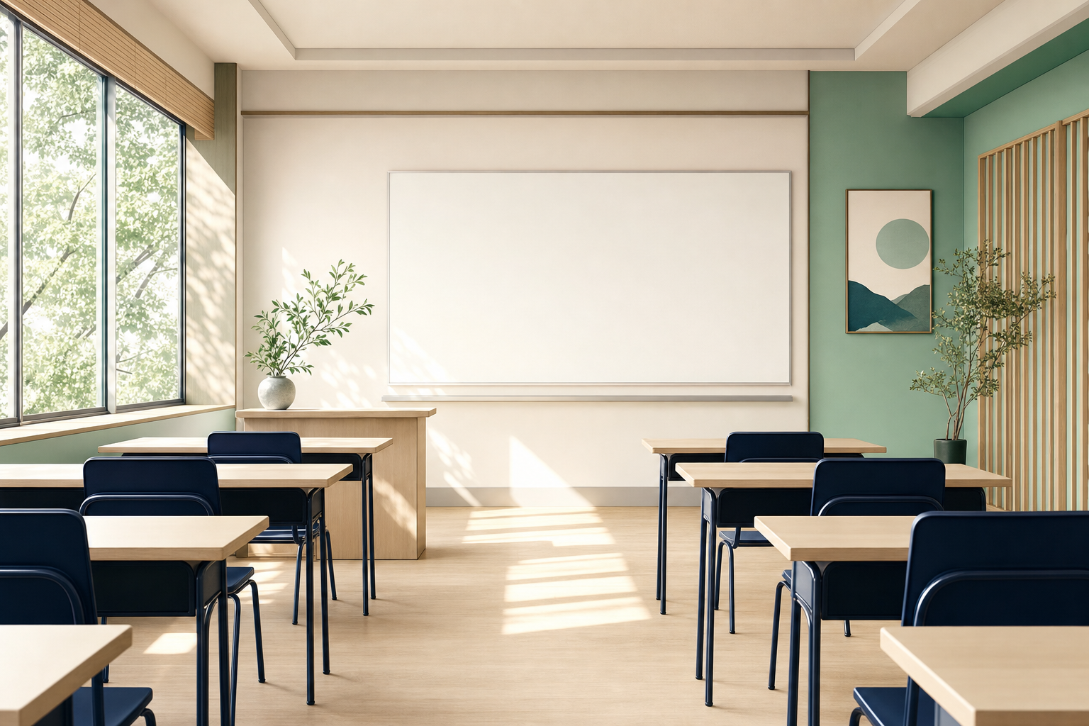 午後の日本語学校の教室で、席がまばらに空いたまま静まりかえっている情景