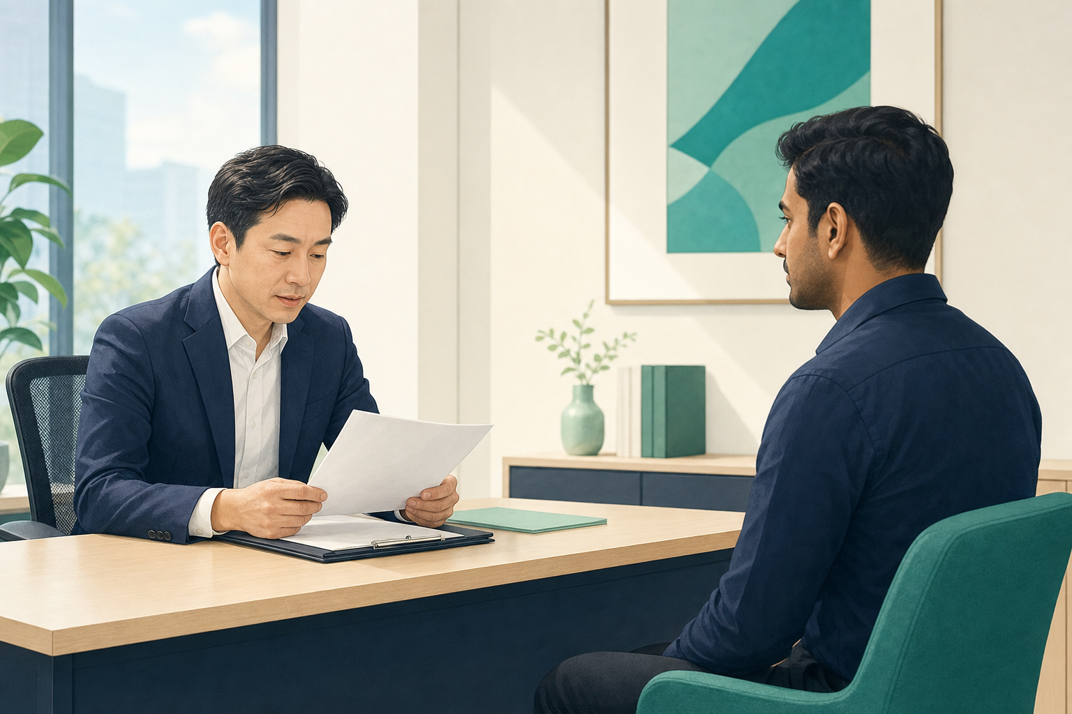 小さな事務所で採用担当者が書類を確認しながら応募者と穏やかに話している面談の場面