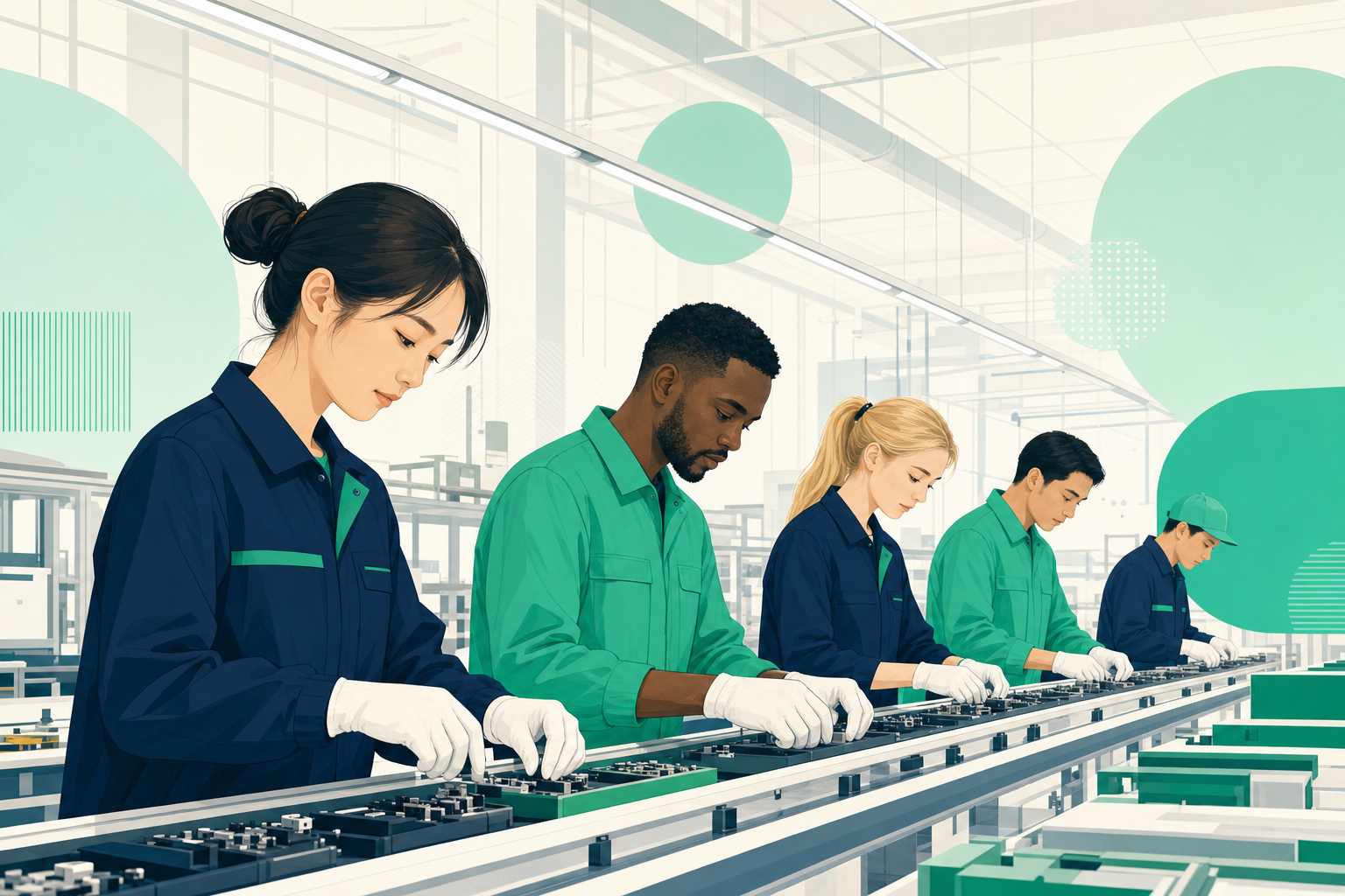 製造ラインで日本人と外国人の作業者が並んで働く場面。大手製造業が集積する浜松の職場