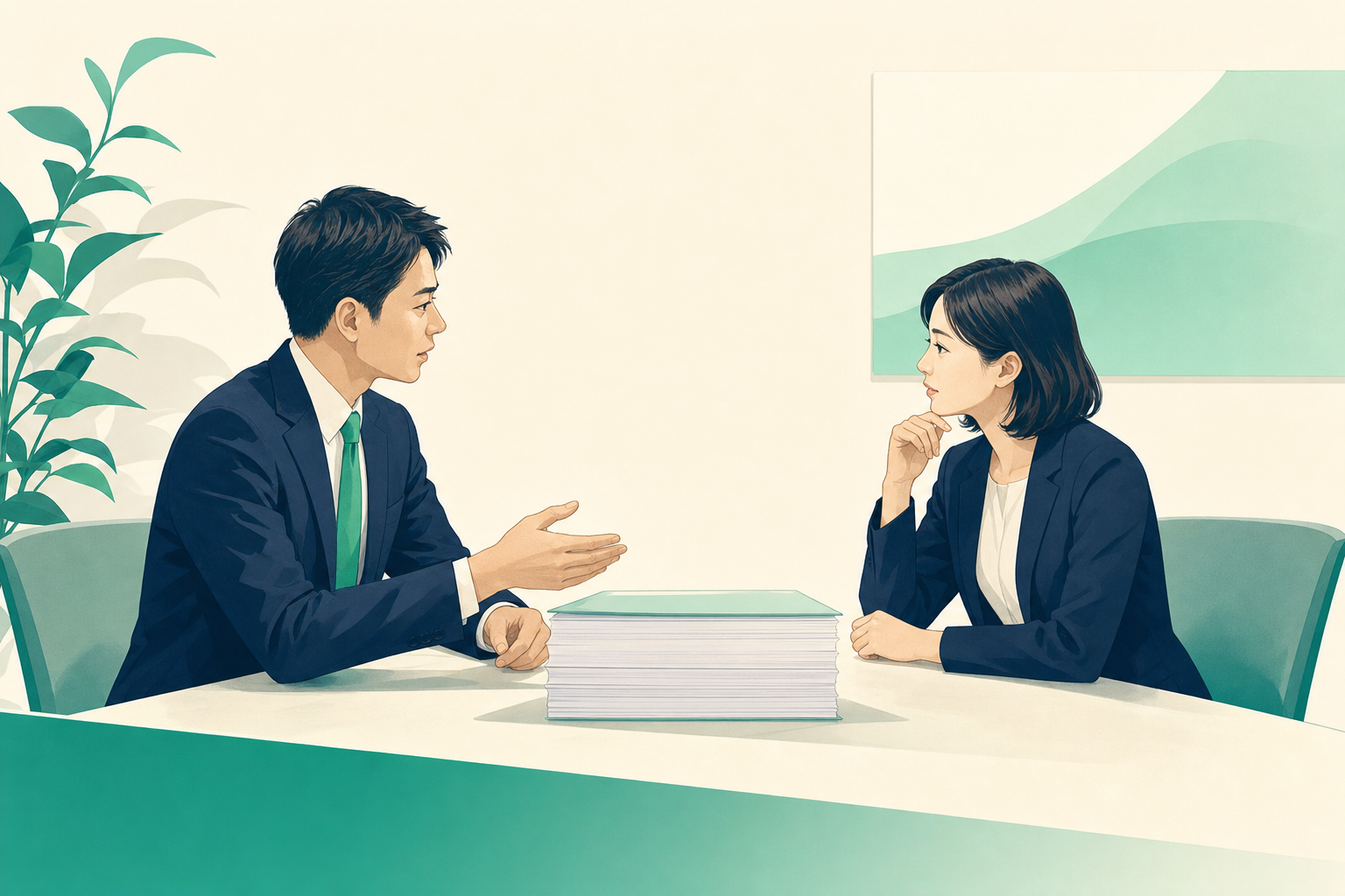 書類の束を挟んで引き継ぎの打ち合わせをする2人