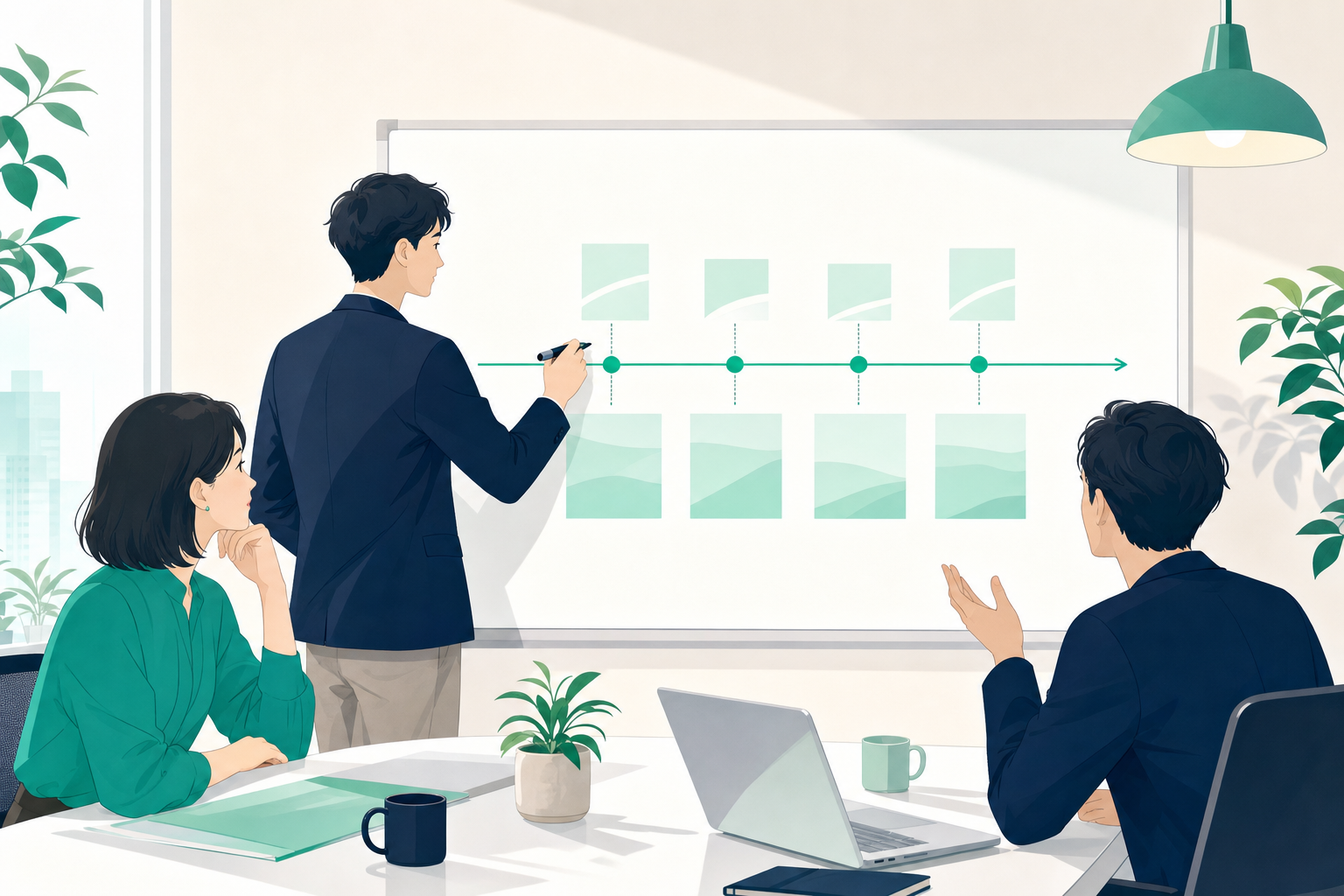 会議室のホワイトボードに施行までの時系列を書き出して計画を立てる場面