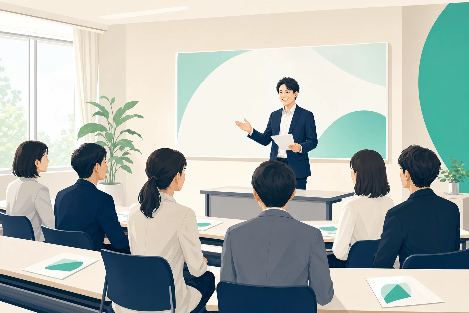 組合の担当者が会員企業の担当者に向けて説明会を行っている会議室の場面