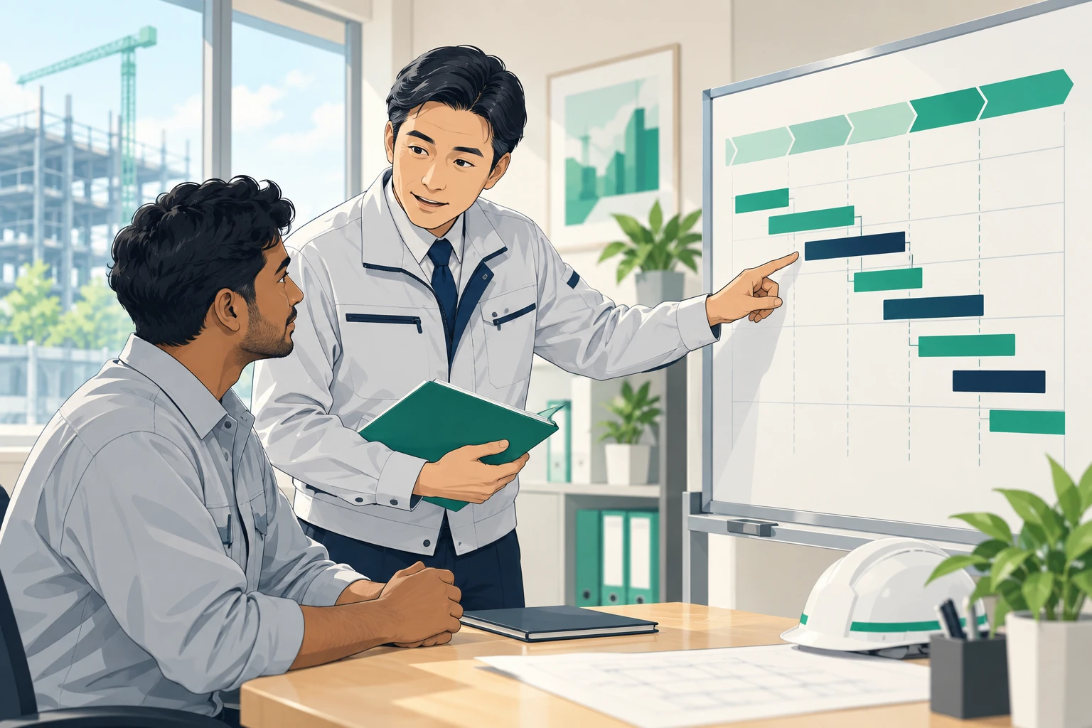 技能の習熟段階と賃金の関係を現場事務所で説明する場面