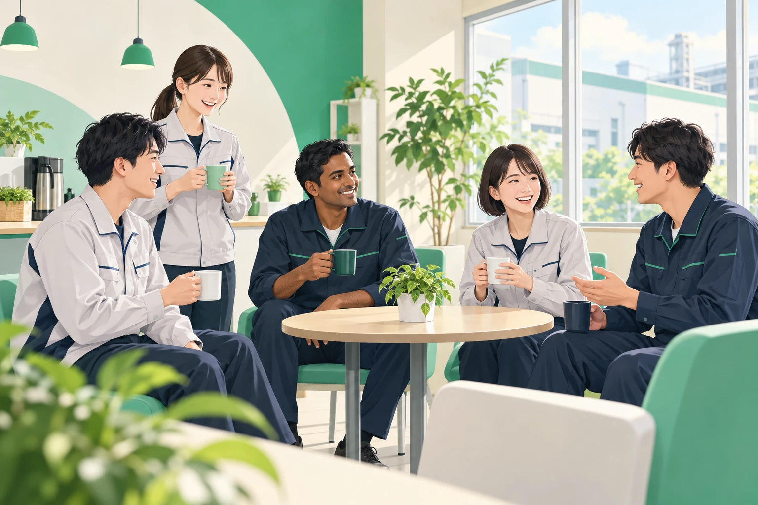 工場の休憩スペースで日本人とネパール人の同僚がくつろいで話している場面。働き続けたいと思える職場の空気
