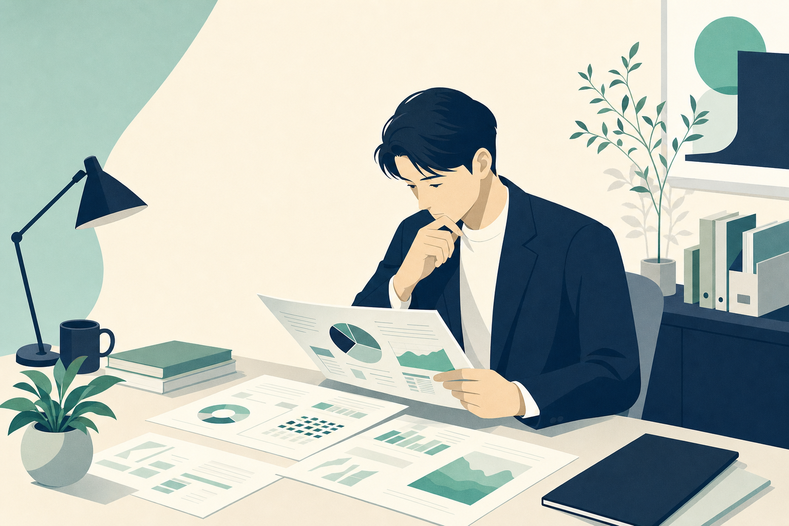 机に広げた統計資料を読み込みながら、外国人材の離職の実態を公的データで確認している場面