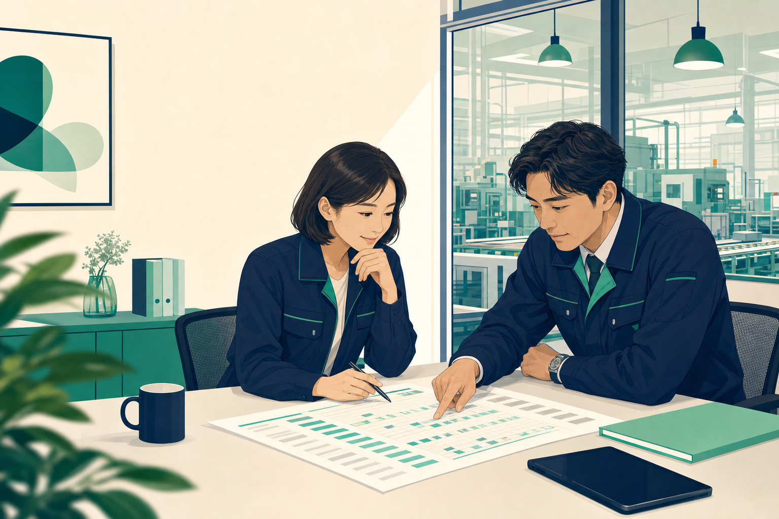 小さな工場の事務所で、賃金とシフトの計画を並べて検討している経営者と人事担当者