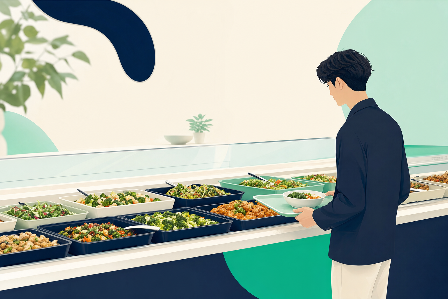 食堂のトレーに並ぶ多様な料理——本人が選べる食事の情景