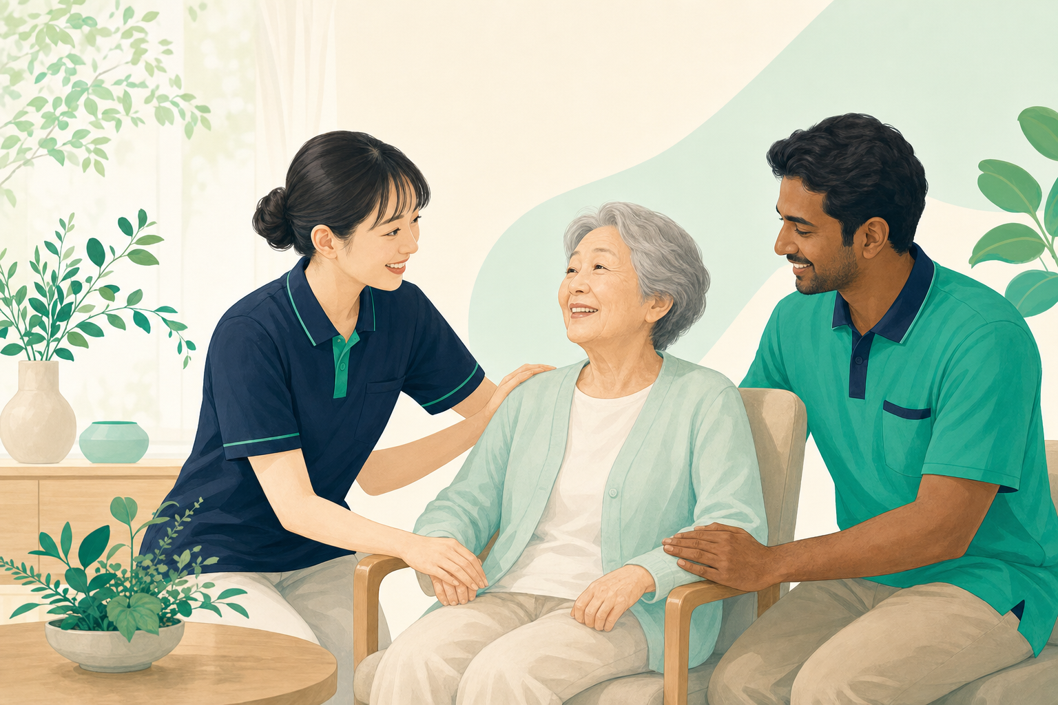 日本人職員と外国人職員がチームで利用者を支える場面