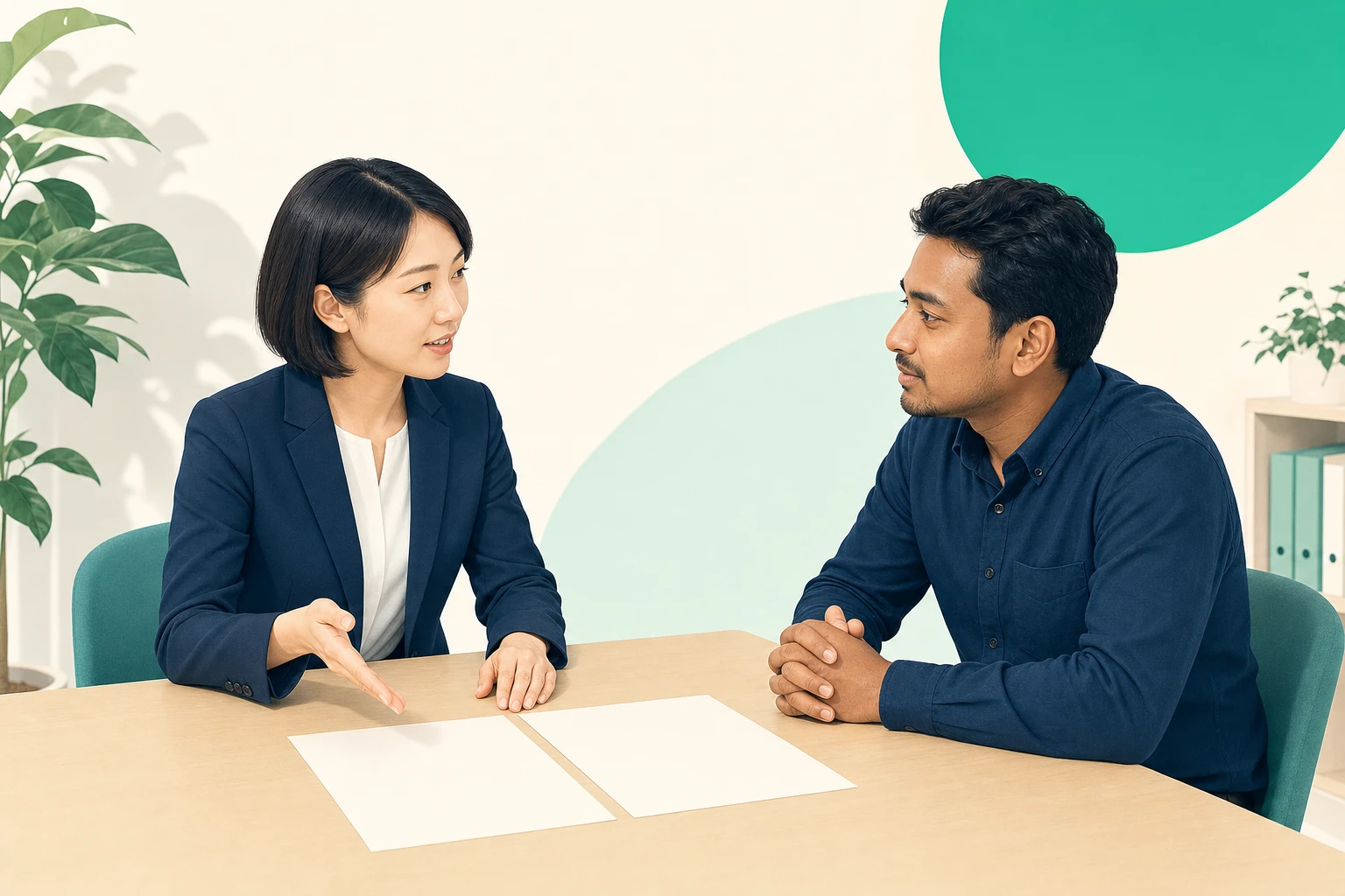 同じ書類の日本語版と多言語版を並べてネパール人材に説明している面談の場面