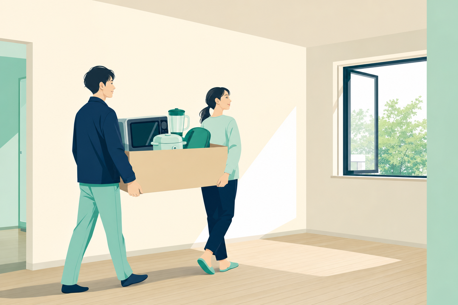 引っ越したばかりの空室に、会社が用意した家電を運び込む場面