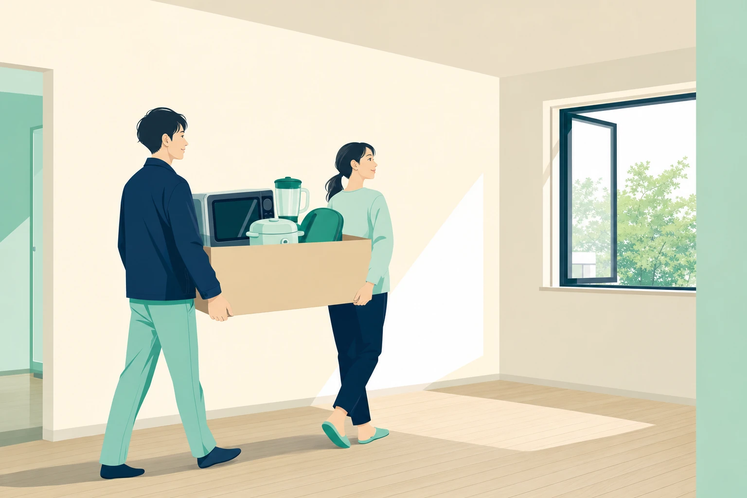 引っ越したばかりの空室に、会社が用意した家電を運び込む場面