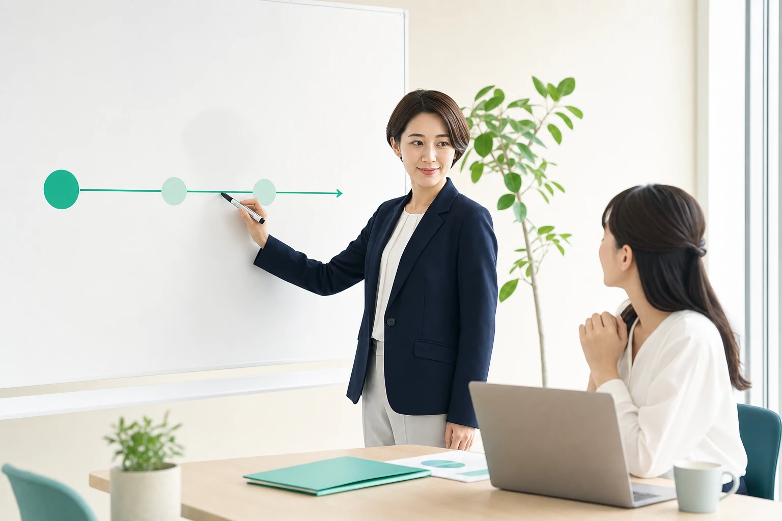 採用の逆算スケジュールをホワイトボードに引く日本人の採用担当者