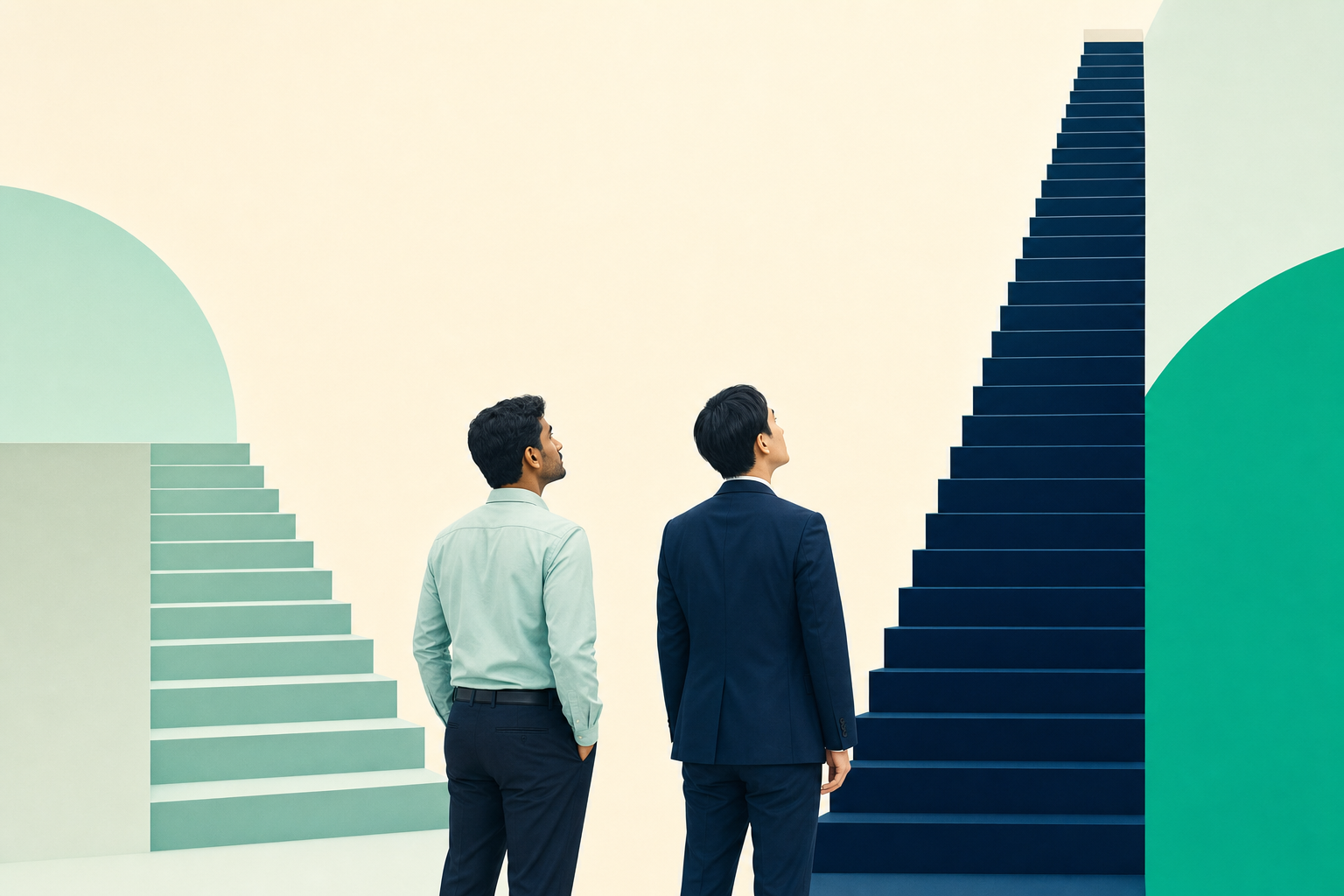在留期間の長さが異なる2つの階段を見上げる外国人材と日本人の管理者