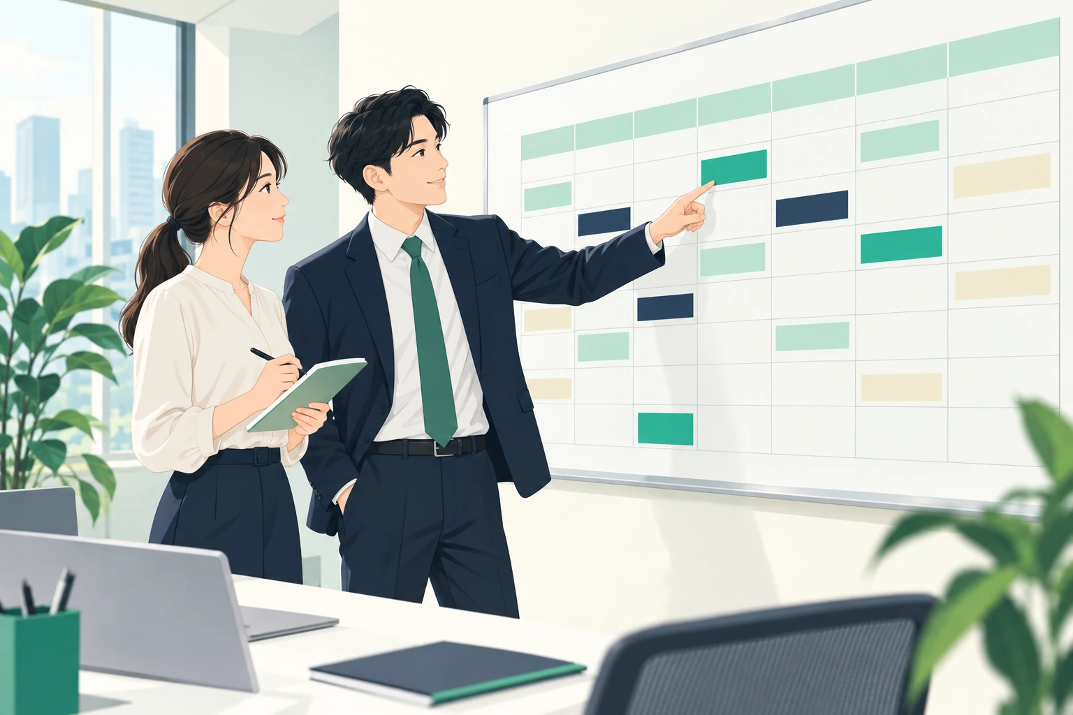 壁の予定表を見ながら更新の段取りを確認している担当者2人