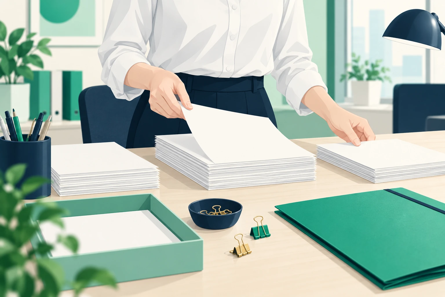 人事担当者が更新申請の書類を束に分けて確認している手元